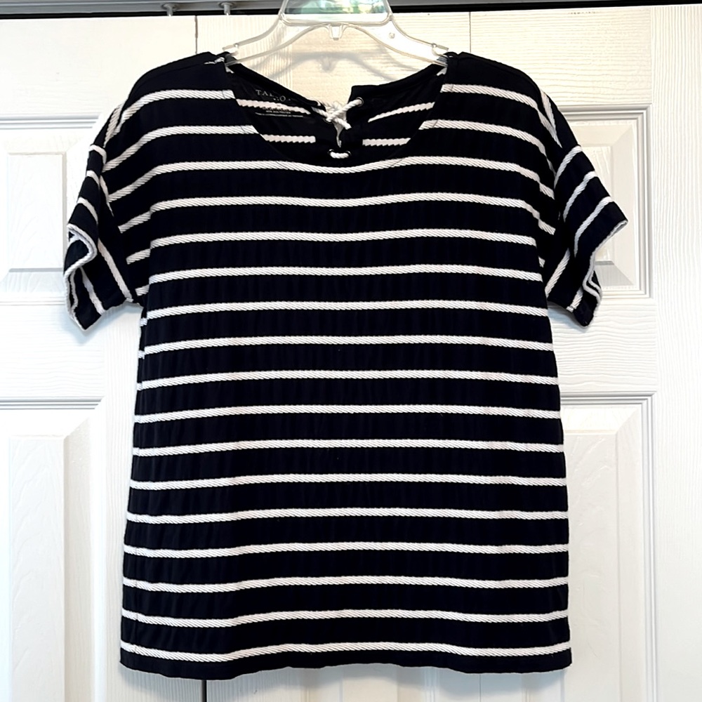 Talbots Short Sleeve Tee with Tie Back. Navy and White. Size M